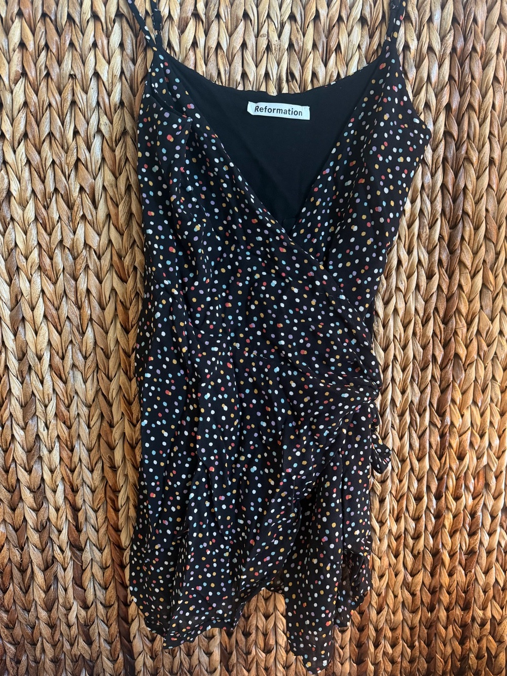 Reformation Black Polka Dot Wrap Slip Dress
